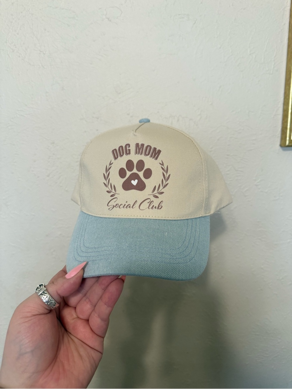 Dog Mom Social Club Baseball Cap - Cream and Light Blue